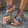 Ethnic Style Flowers Flat Sandals Summer Vacation Casual Clip Toe Beach Shoes For Women - ZENICO