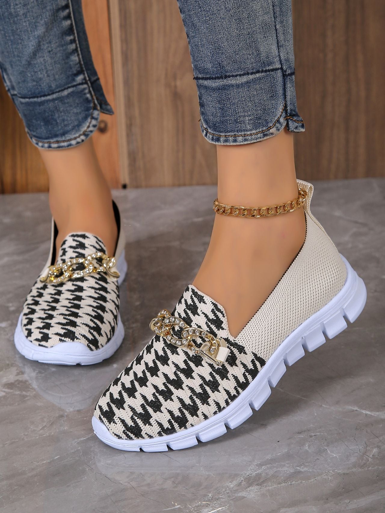 Casual Houndstooth Print Chain Mesh Shoes Summer Walking Sports Flat Shoes Women Breathable Loafers - ZENICO