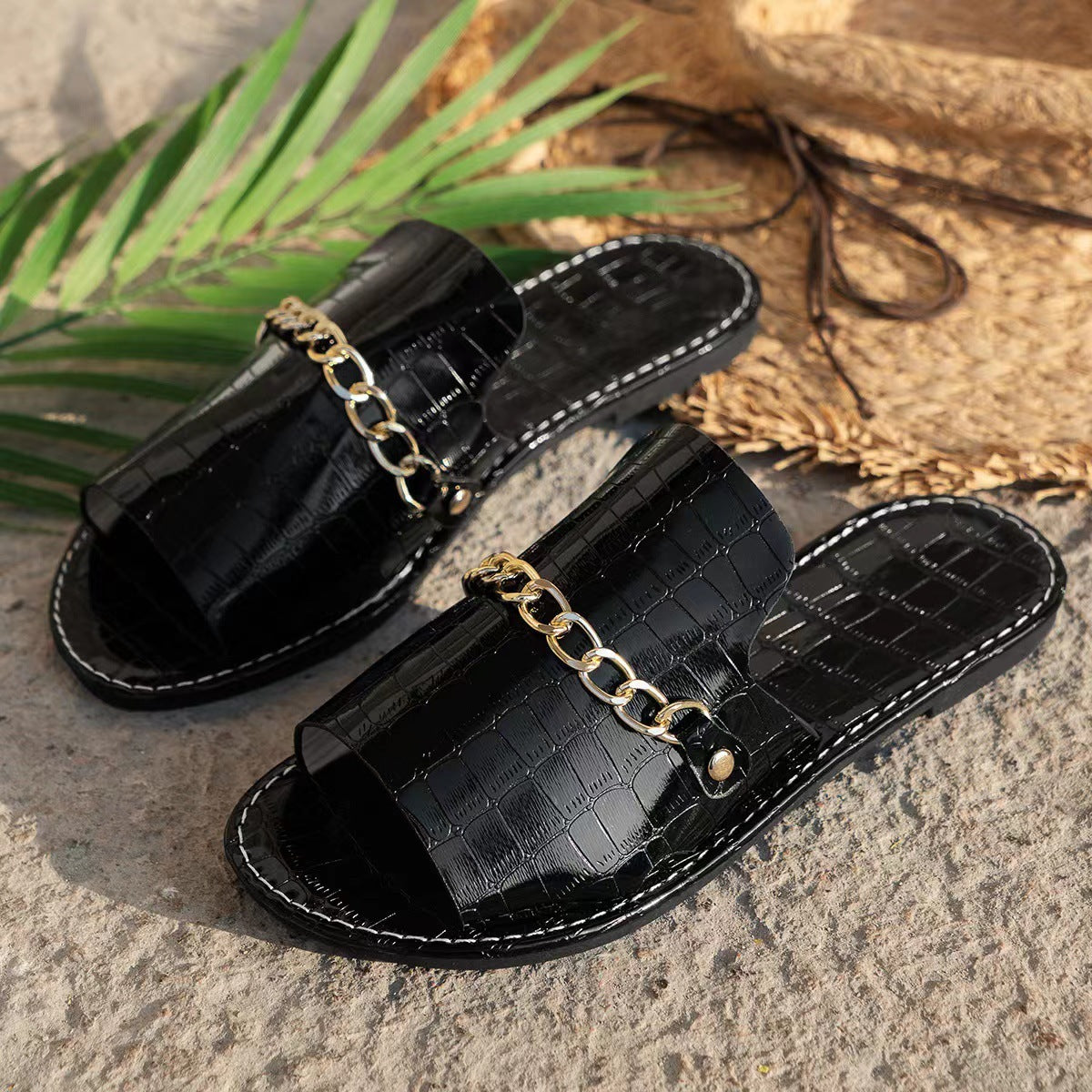 Pattern Chains Sandals Summer Fish Mouth Flat Slides Shoes Women Casual Vacation Beach Slippers - ZENICO